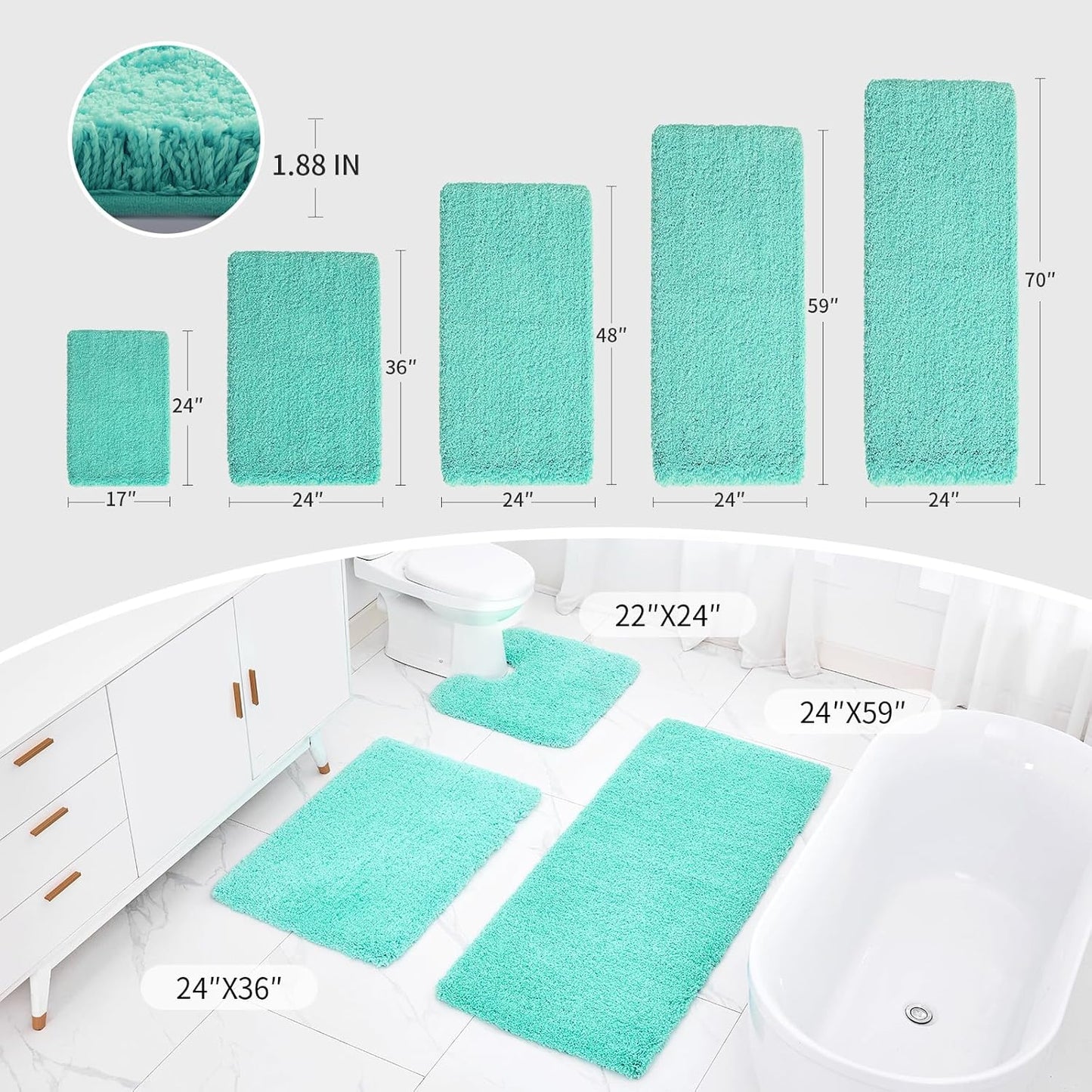 Bathroom Rug 24x36 Non Slip Fluffy Bath Mat for Bathroom Floor Washable Plush Luxury Bath Rug for Tub Soft Absorbent Shower Mat, Spa Blue