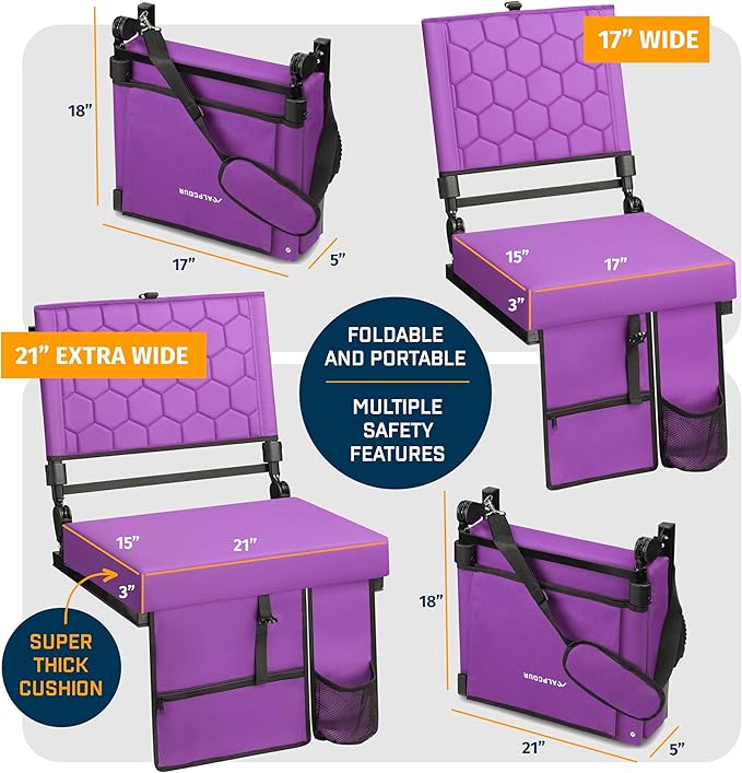 Folding Reclining Stadium Seats with Back Support for Bleachers, Bleacher Chairs with Back and Cushion Seating for Football, Camping Chair, Kayak Seat, Canoe, Paddle Board, Concerts, & Sports Events