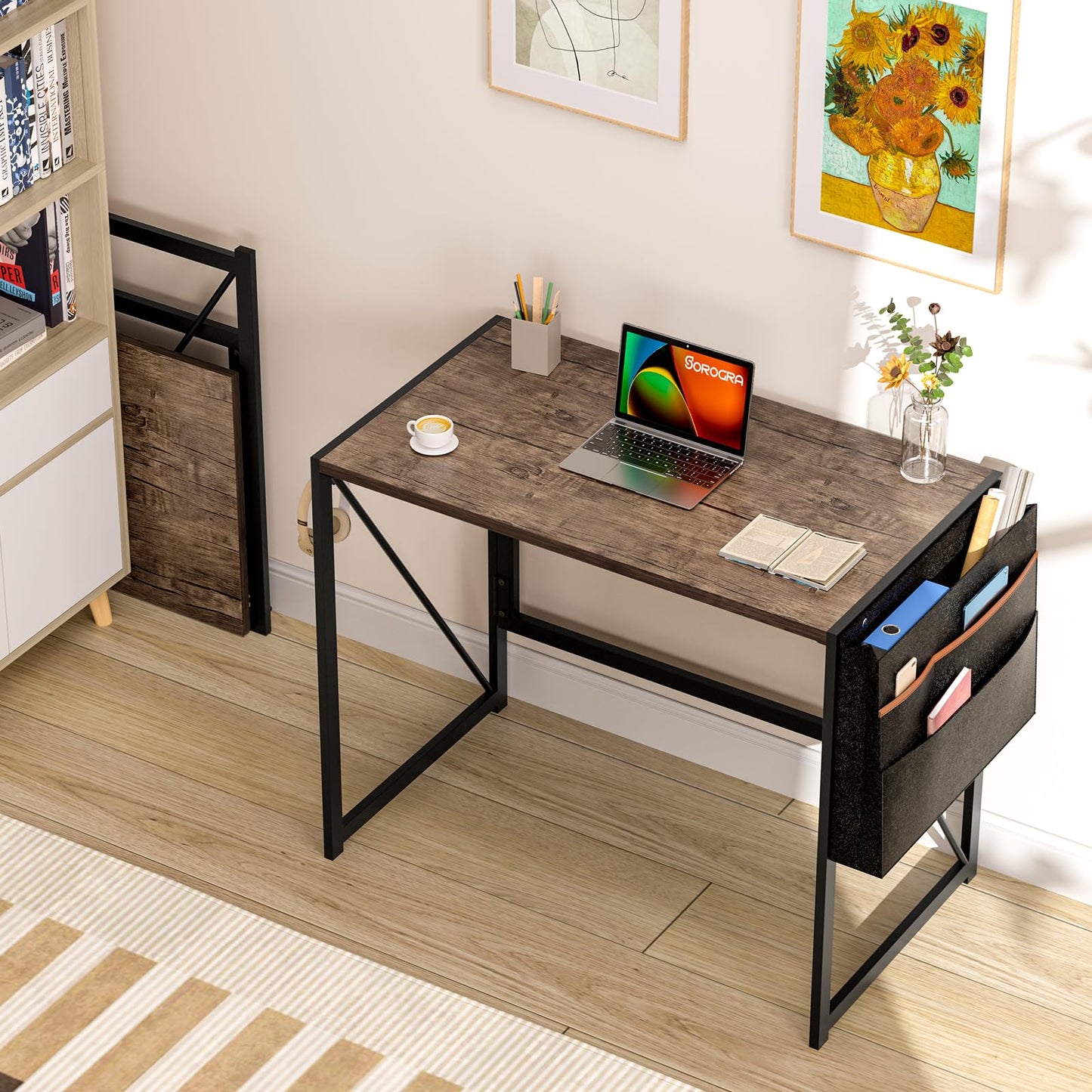 SOROGRA Folding Desk with Storage Pocket for Small Spaces, 31.5 Inch Foldable Desk with Headphone Hook for Bedroom Home Office, Portable Writing Table, Easy Assembly, Brown