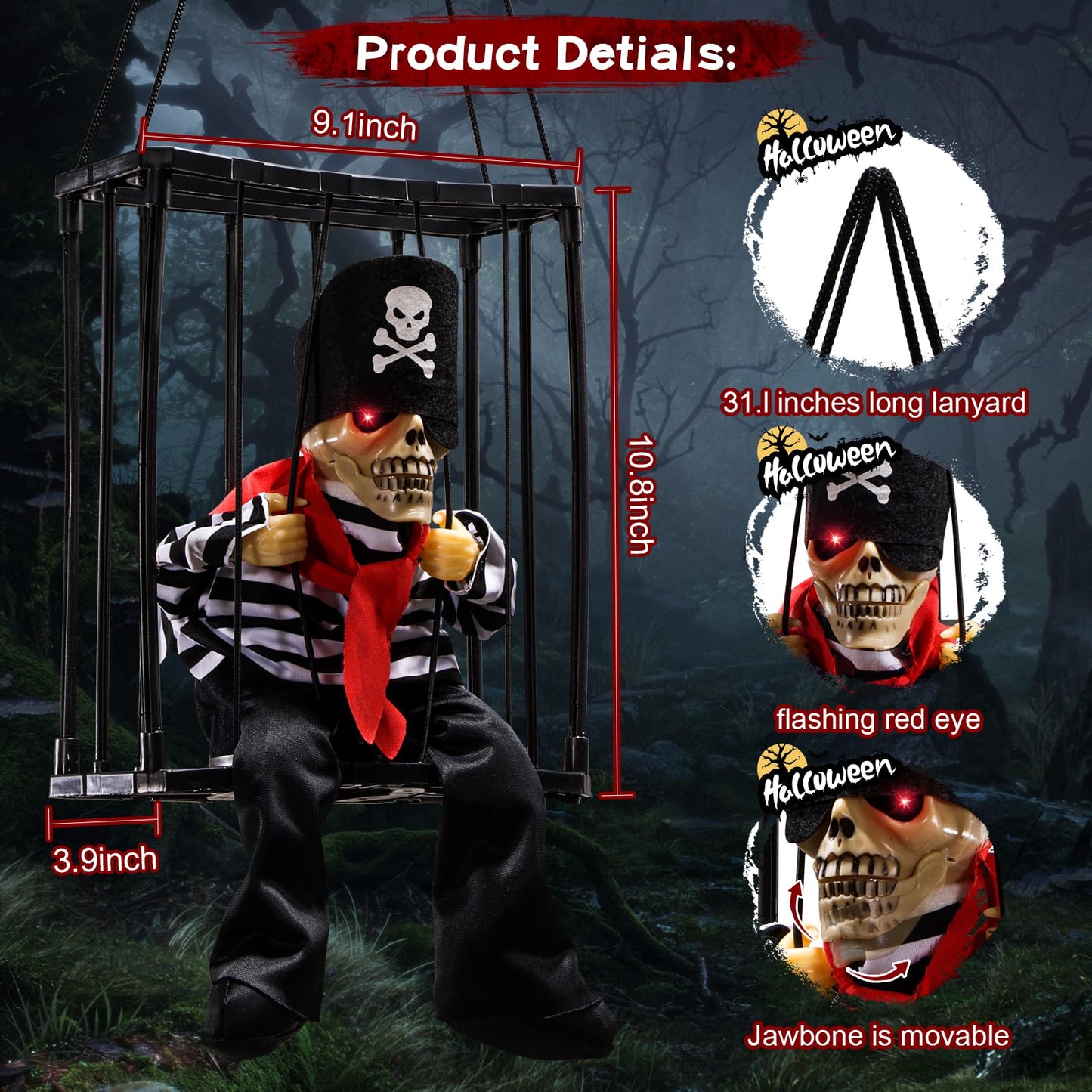 Screaming Halloween Decorations, Animated Halloween Decor,Pirate Scary Skull Cage Prop with Motion Activated, Spooky Hanging Ghost Light Up Eyes for Haunted House Indoor Outdoor Decor