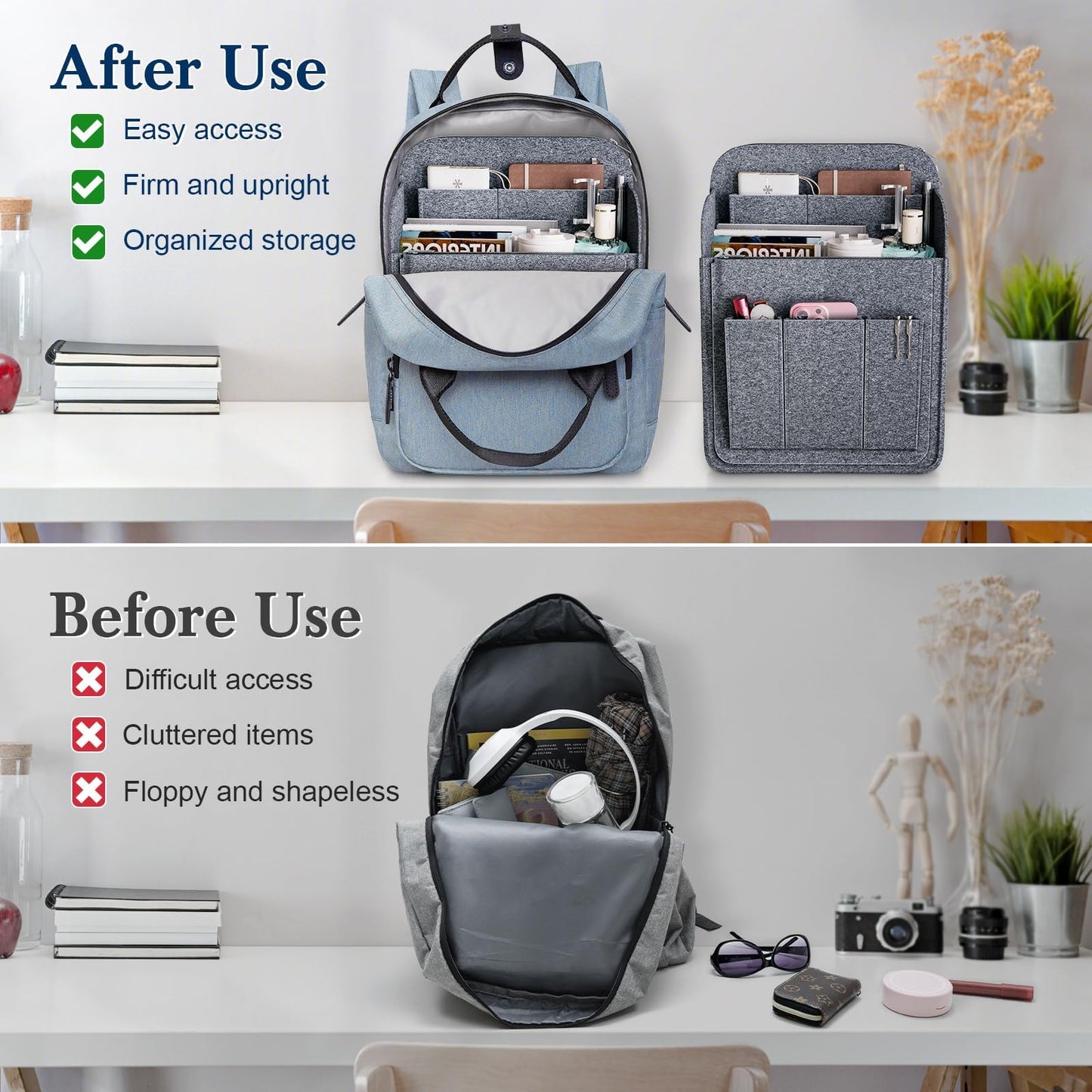 APSOONSELL Large Backpack Organizer Insert Felt Bag Organizer with Zipper Backpack Shaper Foldable Tote Organizer for Rucksack S