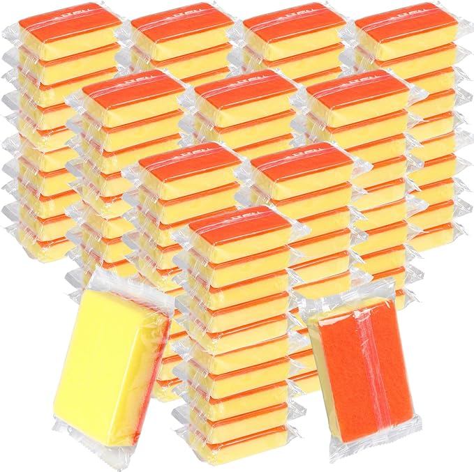 Tioncy 100 Pcs Individually Wrapped Sponges Kitchen Bulk Orange Dish Non Scratch Scrub Sponges Dual Sided Cleaning Dish Scrubber for Washing Dishes, Pots, Pans, Sinks, Stoves, Appliances, Car, Bike