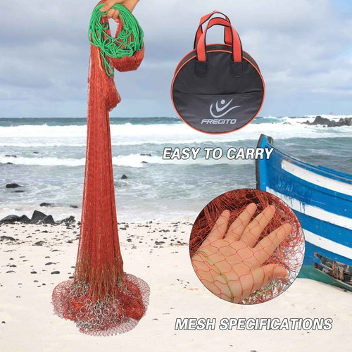 Nylon Monofilament Cast Net, American Style Hand Throwing Fishing Net with Iron Chain Weights for Saltwater and Freshwater, 3/8 Inches Mesh12FT…