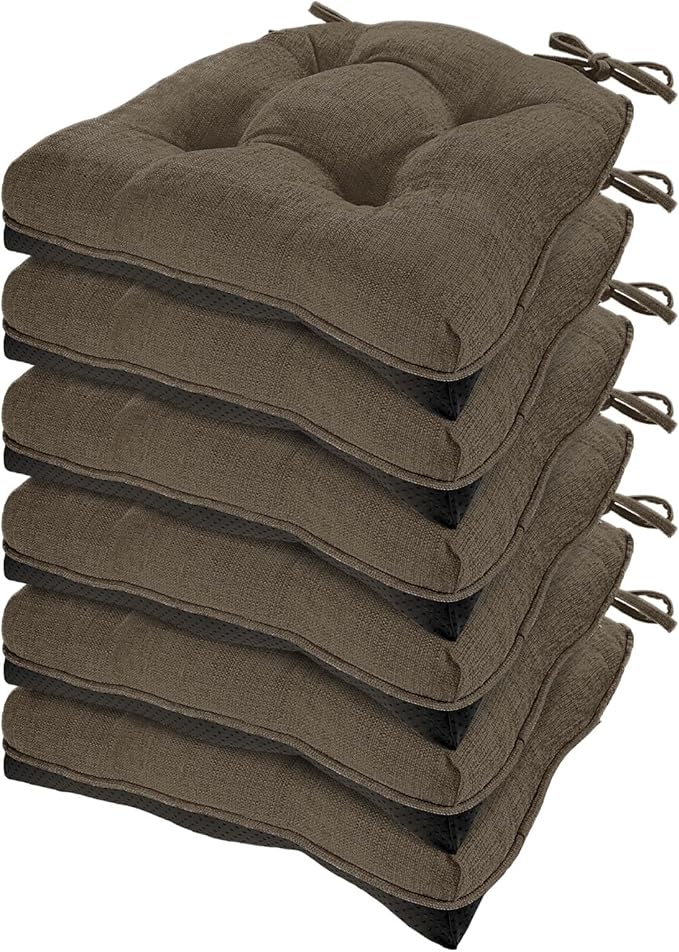 HARBOREST Chair Cushions for Dining Chairs Set of 6 - Chenille Tufted Kitchen Chair Cushions with Ties and Non-Slip Bottom, Foam Chair Pads for Dining Chairs, 17" x 17", Brown