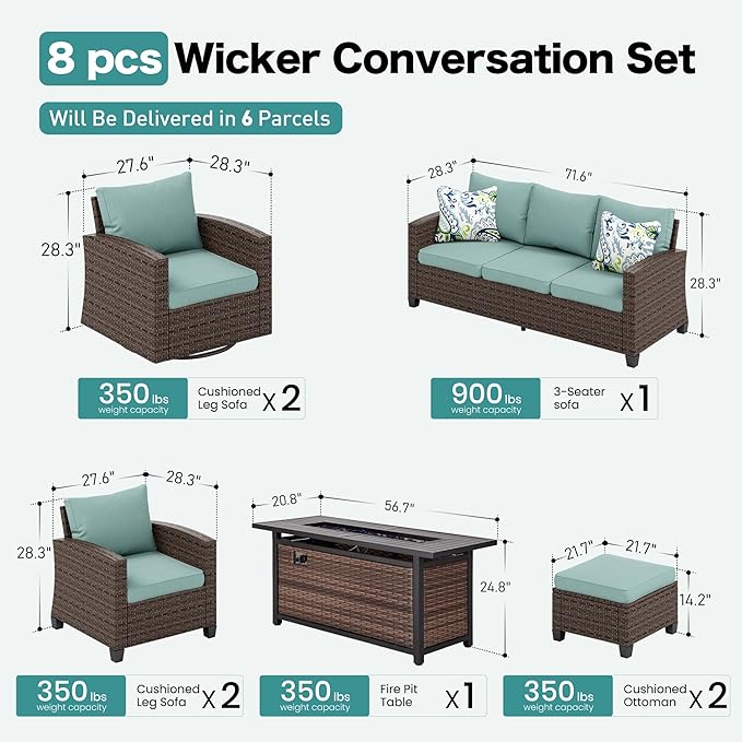 SUNSHINE VALLEY Swivel Glider Patio Furniture Set Outdoor Furniture Brown Wicker Rattan Patio Conversation Sets with Cushion Outside Sofa Set,7 Pieces with Rectangular Firepit Table,9 Seats,Blue