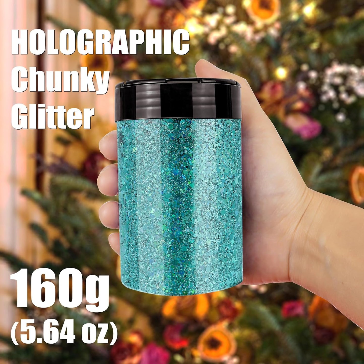 Holographic Chunky Glitter, 5.64oz/160g Craft Glitter Powder Mixed Chunky & Fine Flakes, Iridescent Sequins for Nail Art, Hair, Body, Eye Epoxy Resin, Tumblers, Painting, Festival Decor (Shine Blue)