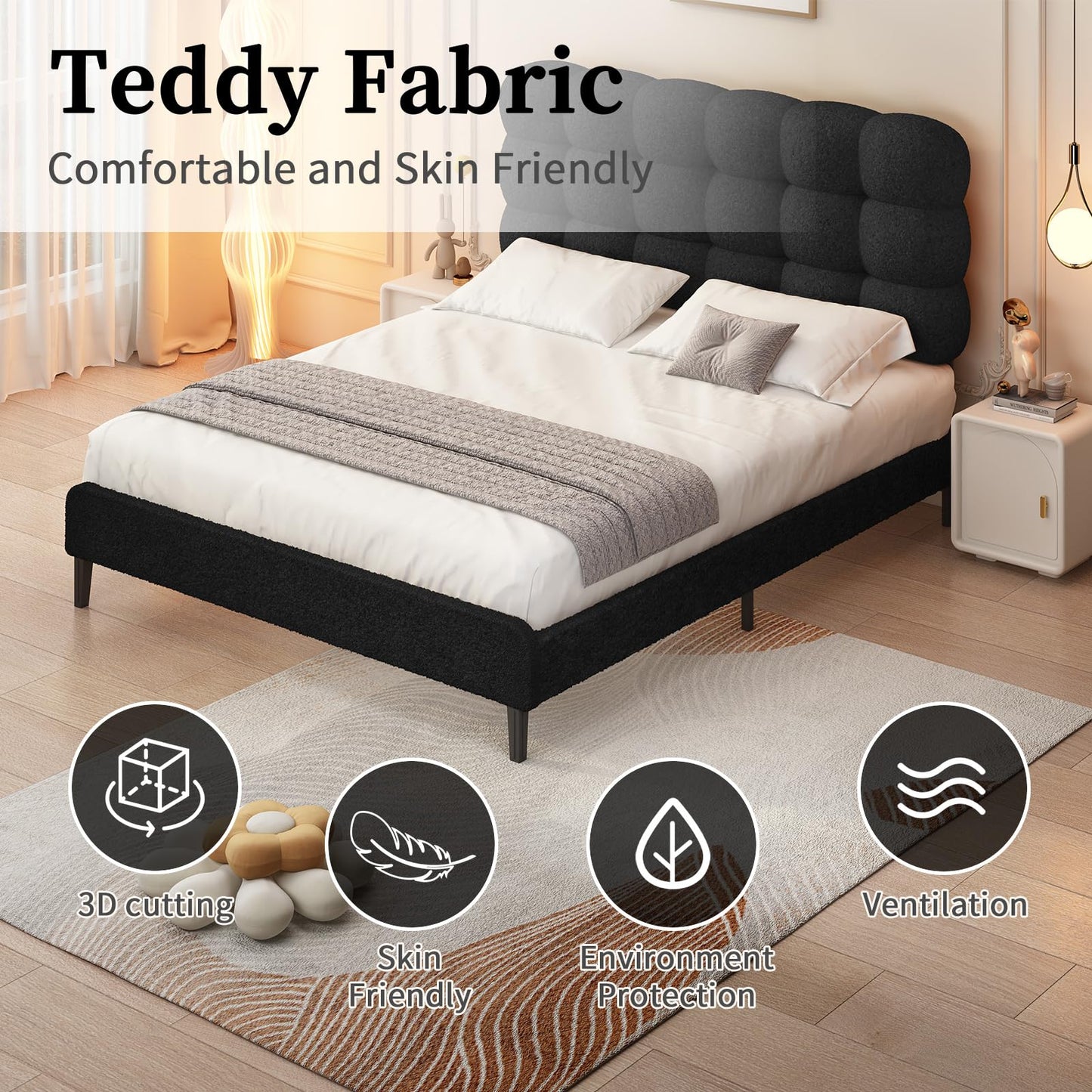 Twin Bed Frame with Upholstered Headboard, Platform Bed with Strong Wooden Slats Support, Two Bed Forms Design, No Boxing Spring Needed, Easy Assembly, Black