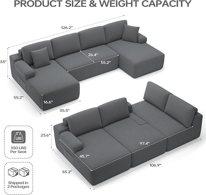 DURASPACE 126.2'' U Shaped Modular Sectional Sofa Couch Convertible 4-Seater Boneless Couches for Living Room (Gray)