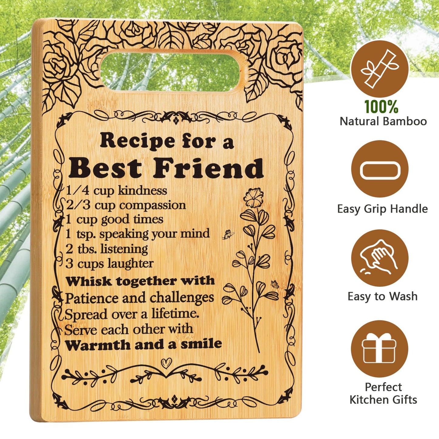 Best Friend Birthday Gifts Cutting Board Set, "Recipe for a Best Friend" Friendship Gifts for Woman Engraved Utensil Friends Gifts for Women Bff Bestie Soul Sister Birthday Mothers Day