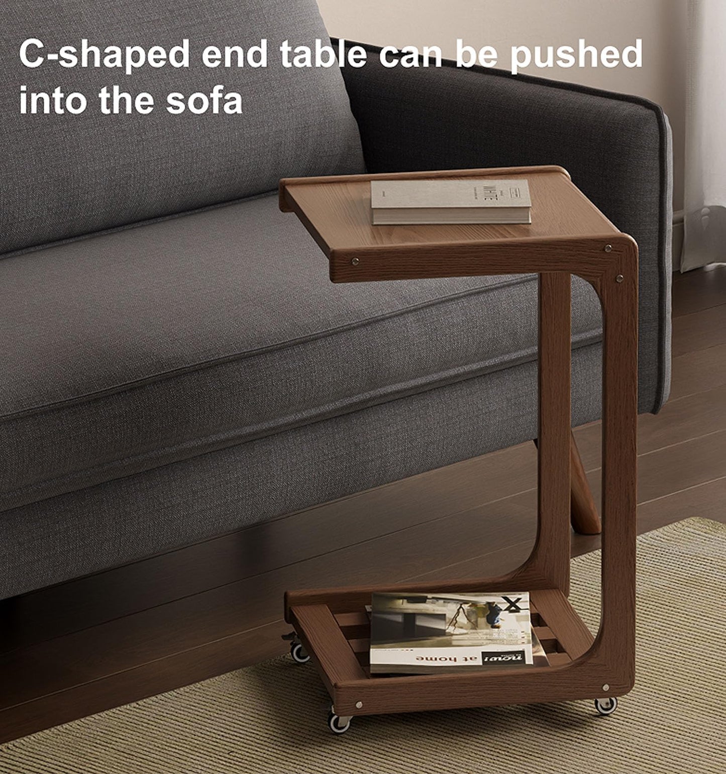TIMBERKNOWS Soild Wood Rolling Side Table Desk,C-Shaped End Table with Wheels,Rolling end Table,TV Tray Table for Couch Sofa/Bed,Small Overbed Bedside Tray Table with Storage