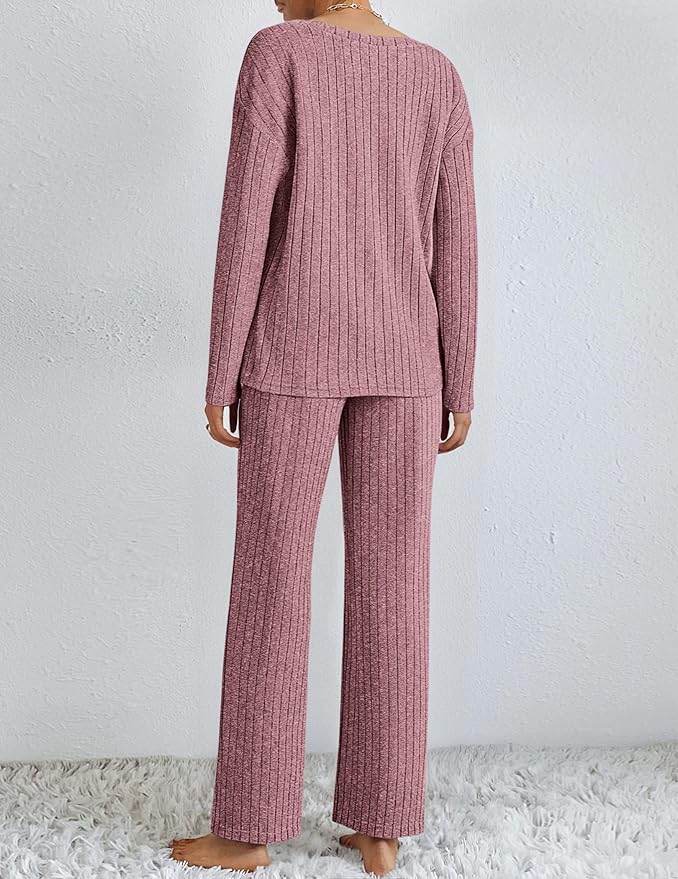 Ekouaer Lounge Sets for Women Long Sleeve Knit Ribbed Pajama Sets 2 Piece Casual Loungewear with Pockets