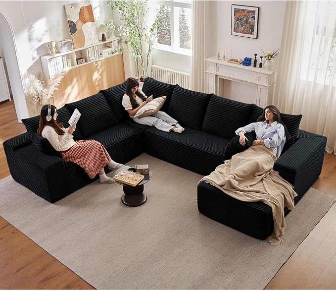 Cloud Sectional Couch with L-Shape Chaise, Modern Modular Comfy Sofa with Deep Seat, Upholstered Corduroy Couches Stupendous U Shaped Sofas for Living Room Bedroom, No Assembly Required, Black