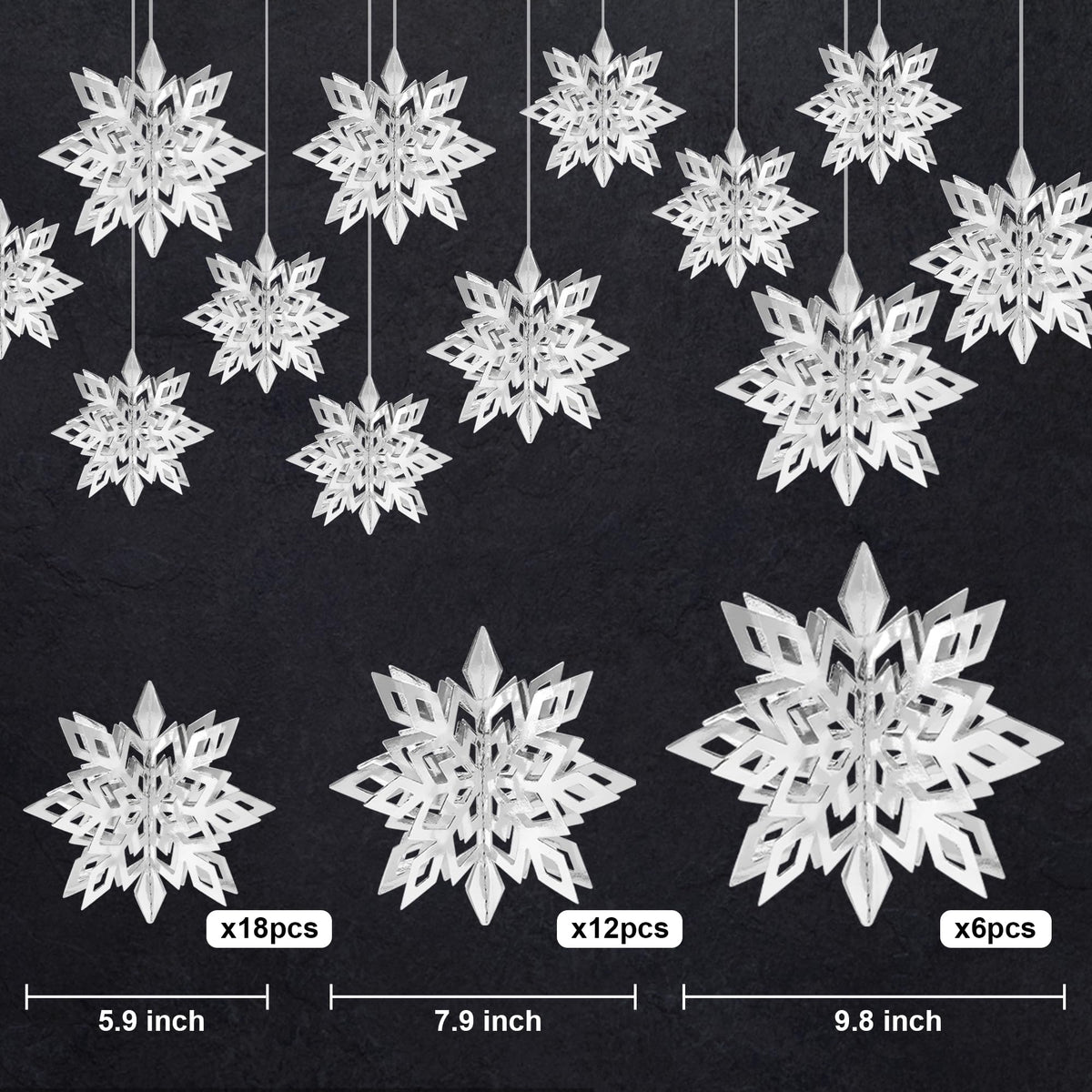 36PCS Christmas Snowflake Decorations, 3D Large Silver Paper Snowflakes Garland Hanging Snow Flakes for Winter Wonderland Christmas Party Decorations Holiday New Year Home Decor, Silver