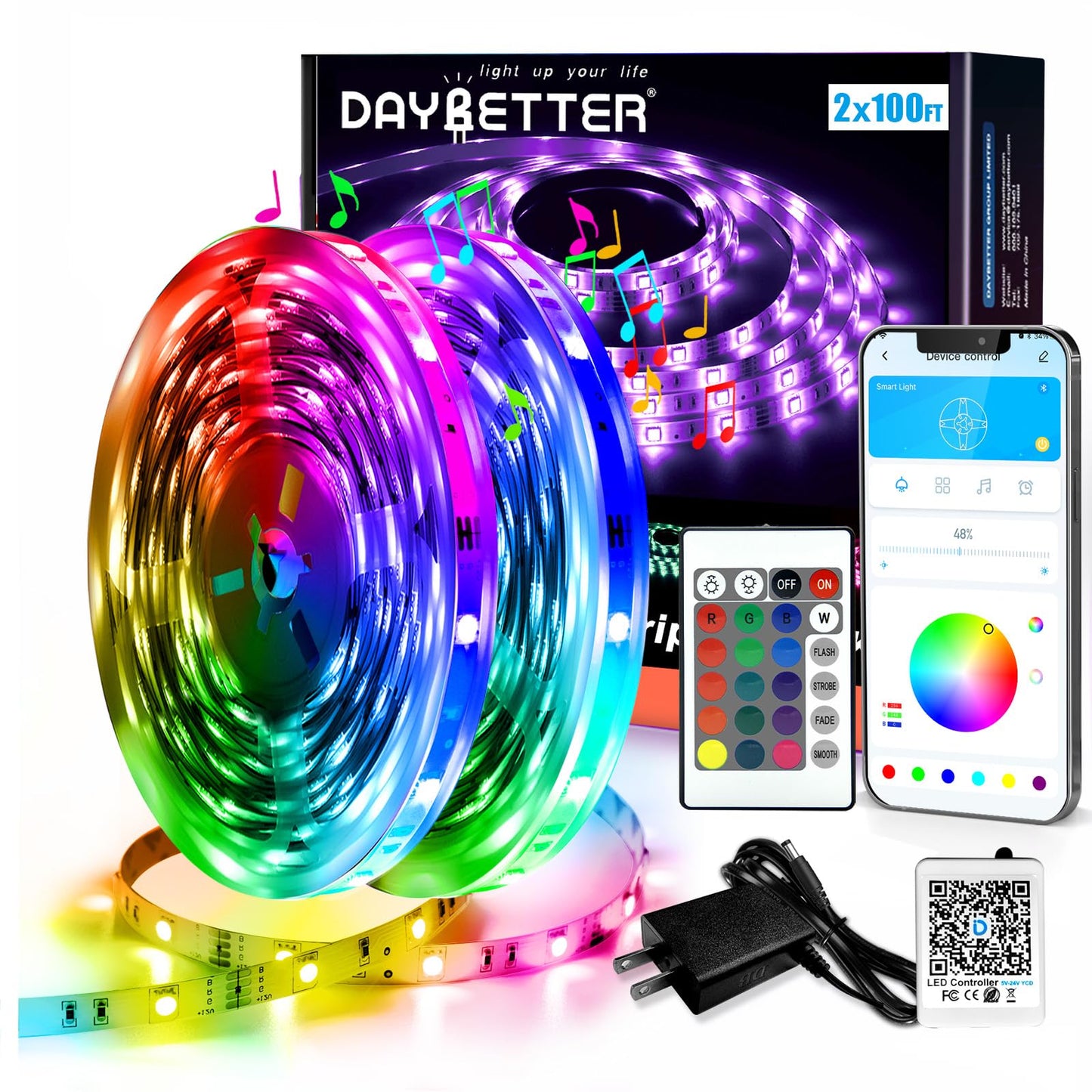 DAYBETTER Led Strip Lights Smart with App Control Remote, 2835 RGB for Bedroom, Music Sync Color Changing for Room Party 200 ft (2 Rolls of 100 ft)