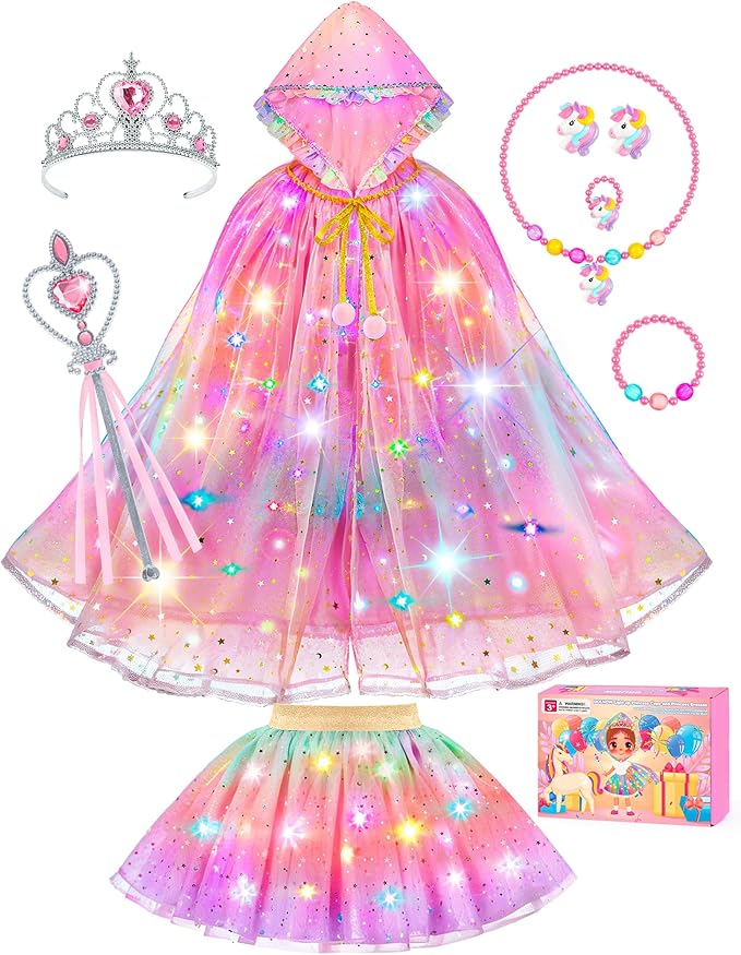 DOLNOW Princess Dress Up for Girls, Unicorn Light up Princess Cape Princess Dress Costume Crown Gift for Girls 3 4 5 6