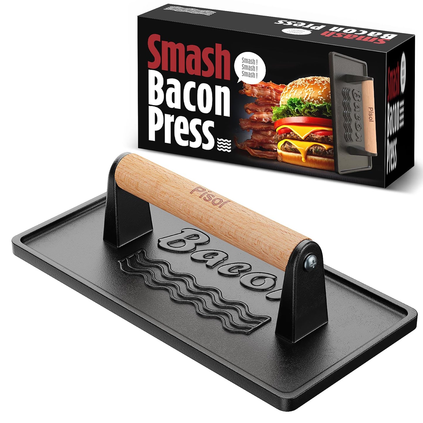 Pisol Bacon Press Smash Burger Press, Pre-Seasoned Cast Iron Hamburger, 2 lb Heavy-Duty Grill Bacon Meat Press Tool with Wood Ha