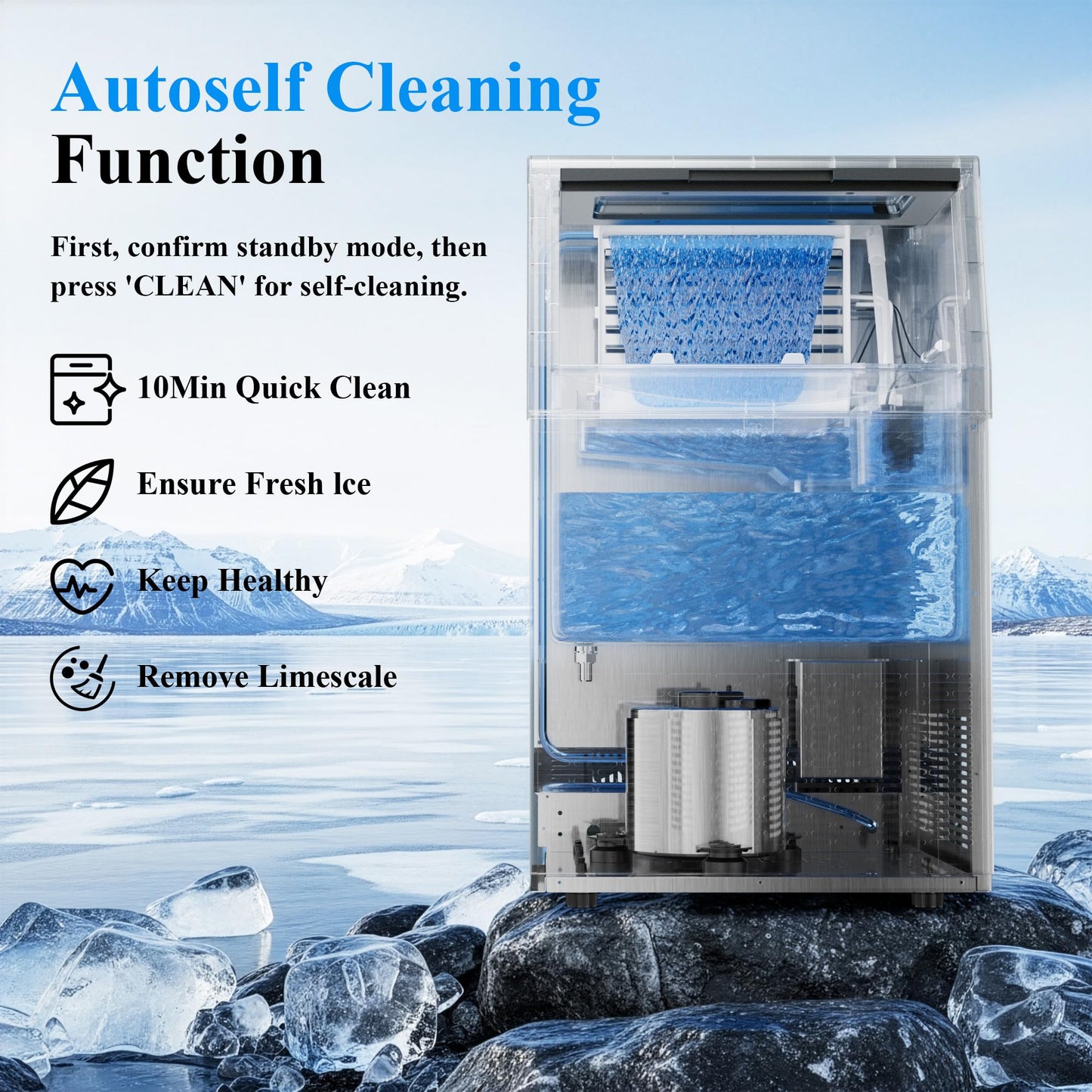 Mountman Commercial Ice Maker,110 lbs/24H,Stainless Steel Ice Machine with 33 lbs Storage Capacity,50 Cubes in 14 Mins,Water Filter,Under Counter/Freestanding Ice Makers for Home,Restaurant,Bar,Cafe