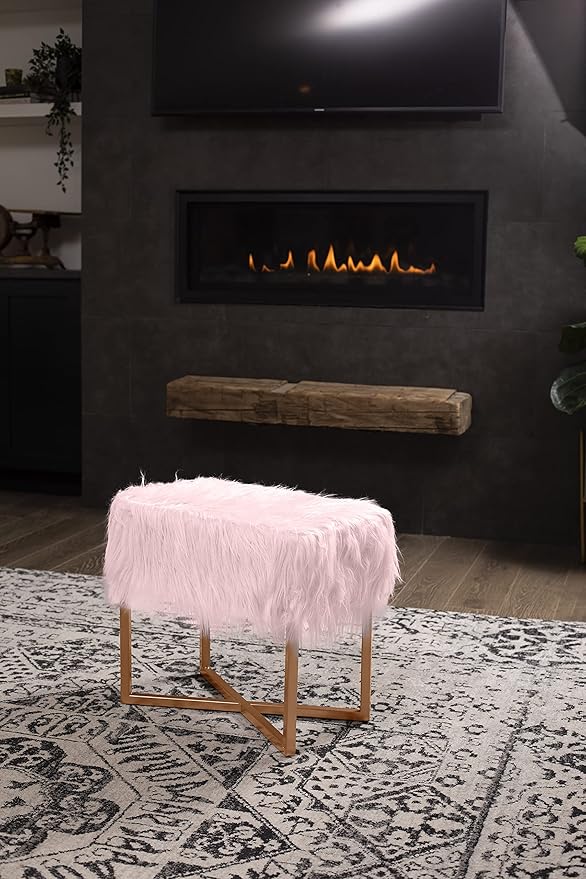 BIRDROCK HOME Rectangular Pink Faux Fur Foot Stool Ottoman with Gold Legs - Vanity Chair - Soft Compact Padded Seat - Bedroom and Kids Room Chair - Metal - Fluffy Makeup Seat Furniture