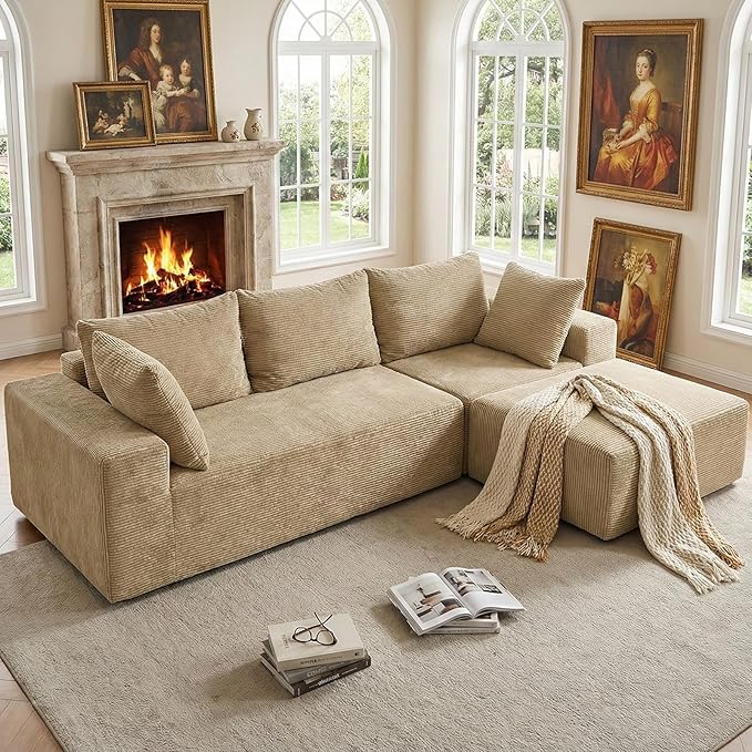 INGEROOM 108" Cloud Sectional Couch with L-Shape Chaise, Modular Sofa Memory Foam, Boneless Sofa with Movable Ottoman, Plush Corduroy Memory Foam Couch for Living Room, No Assembly, Beige Taupe