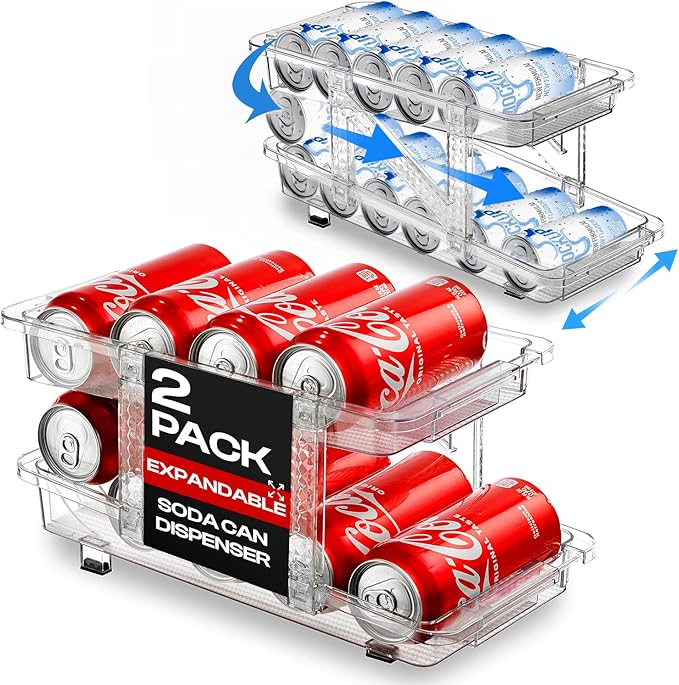 Expandable Soda Can Dispenser For Fridge - 2-Pack - Clear Transparent Soda Can Organizer For Refrigerator, Kitchen, and Pa...