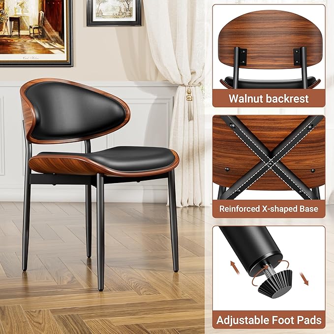 YaFiti Dining Chairs Set of 2, Dining Room and Kitchen Chairs, Mid Century Modern Retro Chair, Upholstered PU Leather Chairs for Vanity with Walnut Bentwood and Metal Legs (Black)