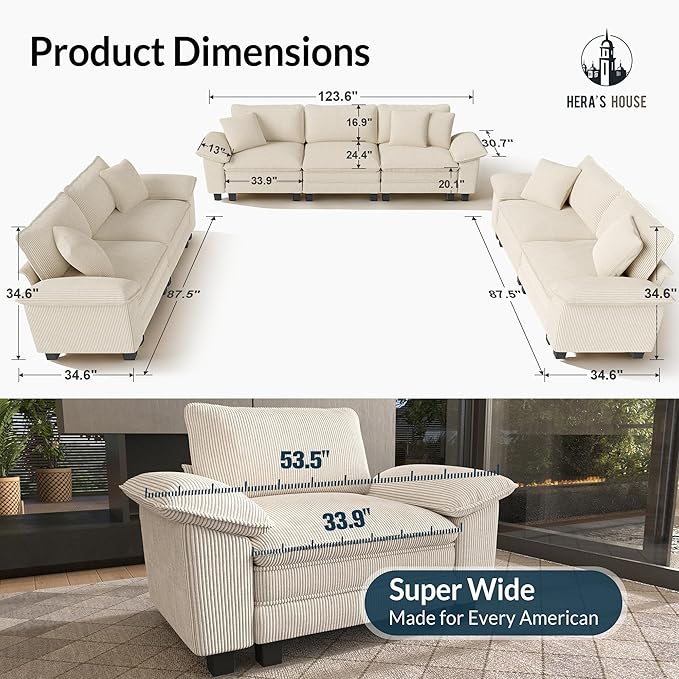 HERA'S HOUSE 3 Pieces Modular Sectional Sofa Sets, Oversized Couch Set with Loveseats, Comfy Cloud Couches with Throw Pillows, 7-Seater Deep Seat Sofa for Living Room, Corduroy Beige
