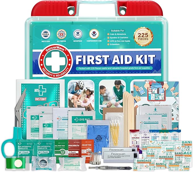 SuccorWare 225 Pieces First Aid Kit, Includes Ice Pack, Adhesive Bandages, Wound Gauze Pads, Portable First Aid Bag for Ho...
