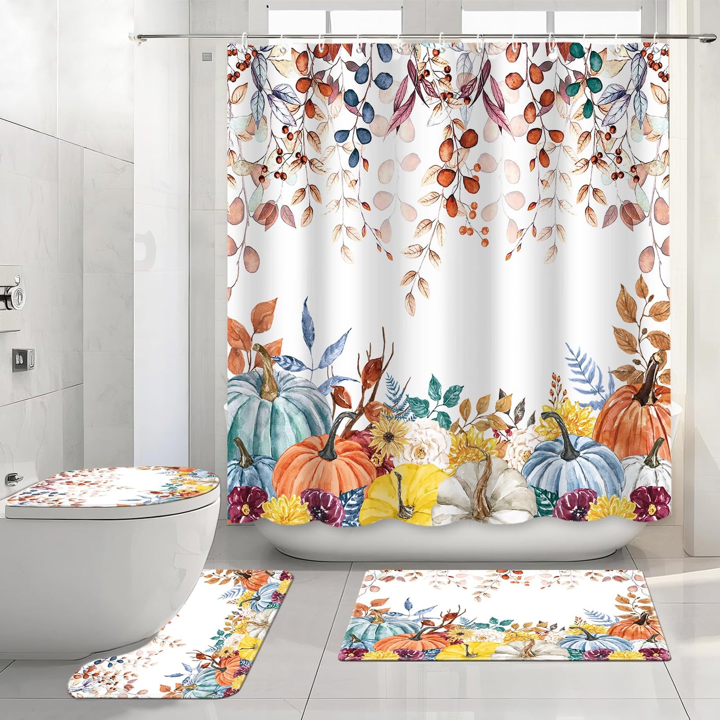 APROPHIC Fall Pumpkin Shower Curtain 4PCS, Thanksgiving Eucalyptus Leaves Pumpkin Shower Curtain Set,Farmhouse Boho Bath Decor with Non-Slip Rugs Toilet Lid Cover and Bath Mat
