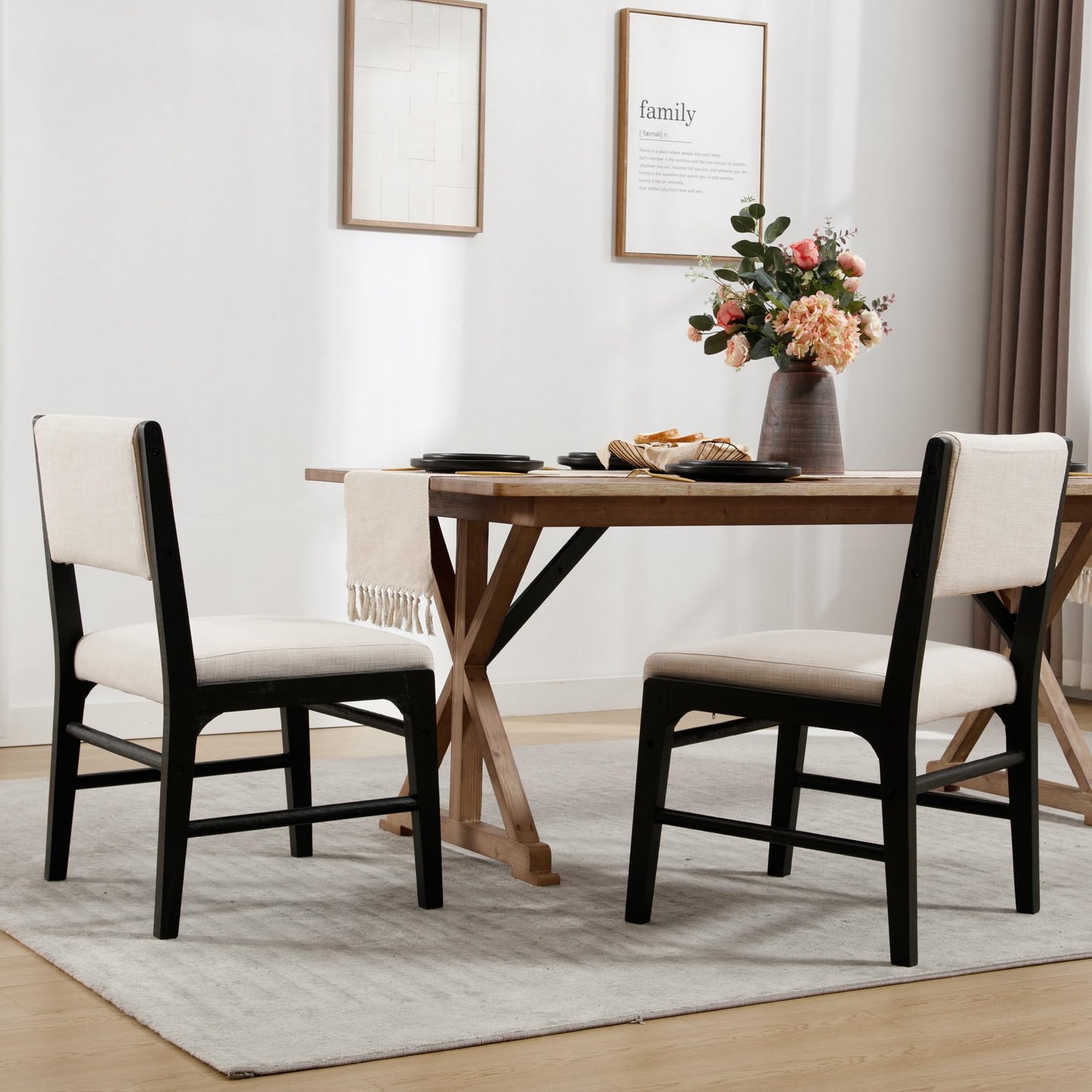 BESTANO Beige Linen Upholstered Dining Chairs Set of 2 Farmhouse Black Wooden Kitchen Dining Chairs Armless Side Chairs with Back