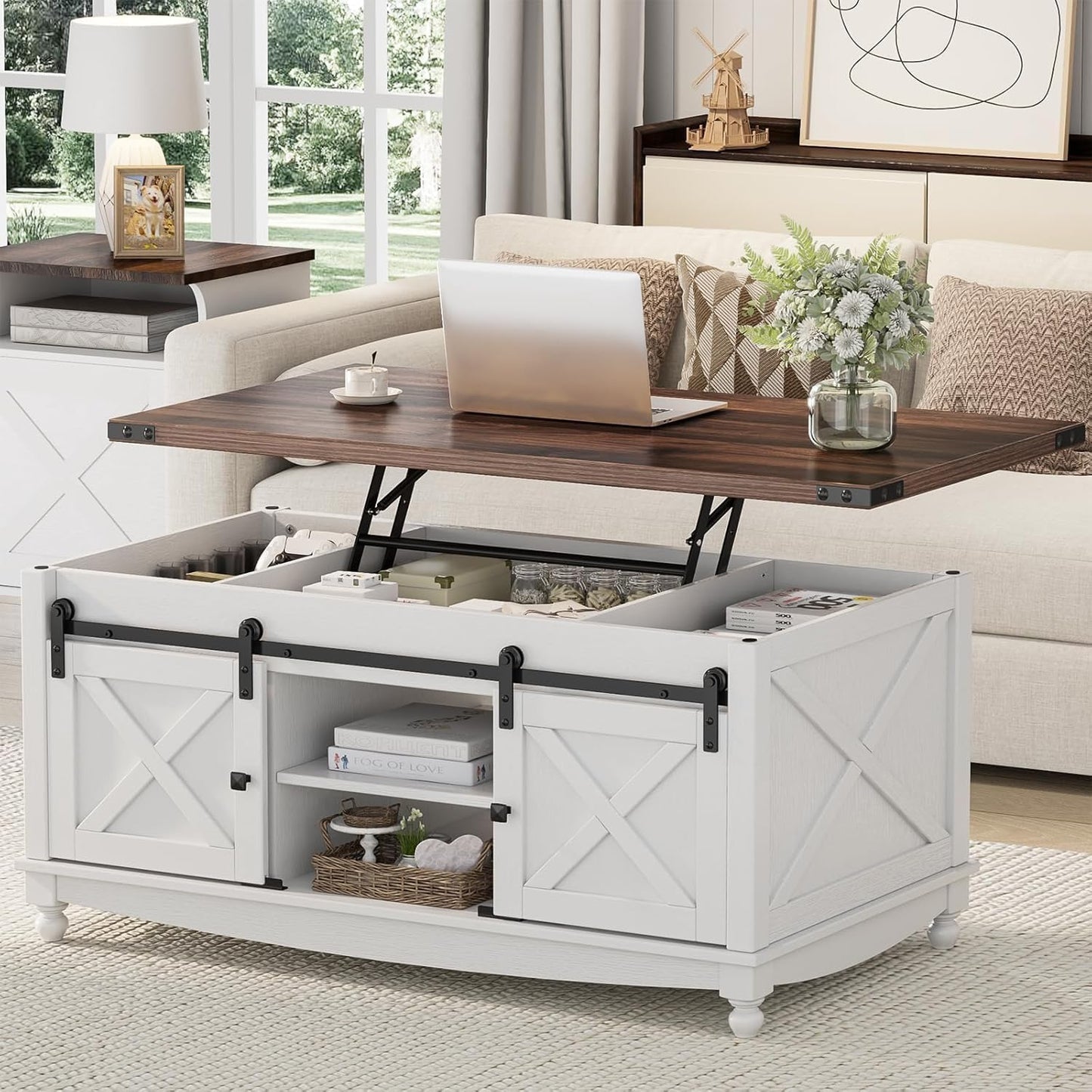 ALLSTAND 48" Farmhouse Lift Top Coffee Table with Storage Sliding Barn Door & Large Hidden Compartment, Coffee Table with Lifting Top with Wooden Lift Tabletop, Coffee Tables for Living Room, White