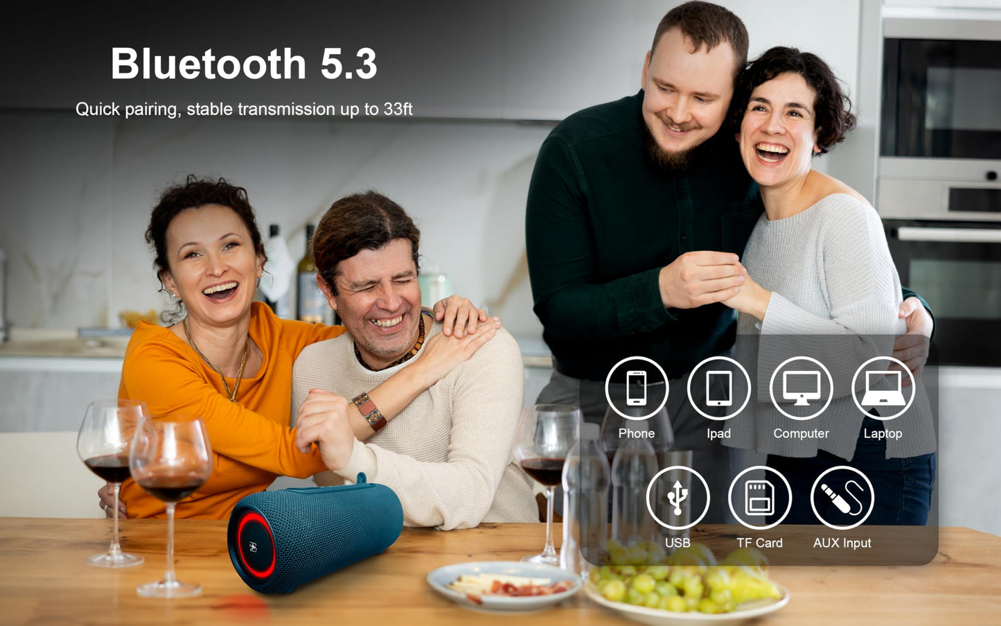 Fisher Portable Bluetooth Speaker IPX5 Waterproof Speaker, 14W PEAK Power Bluetooth Stereo, 8H Playtime, LED Lights, TWS, BT 5.3, Built-in Mic, Hands Free Calling, Wireless Electronics, Home & Outdoor