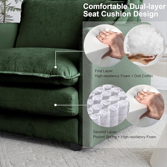 KIVENJAJA Oversized L-Shaped Modular Sectional Sofa, Modern Comfy Chenille 4-Seater Deep Seat Cloud Couch with Ottoman/Chaise & 6 Pillows for Living Room Office, 146.5”W, Green