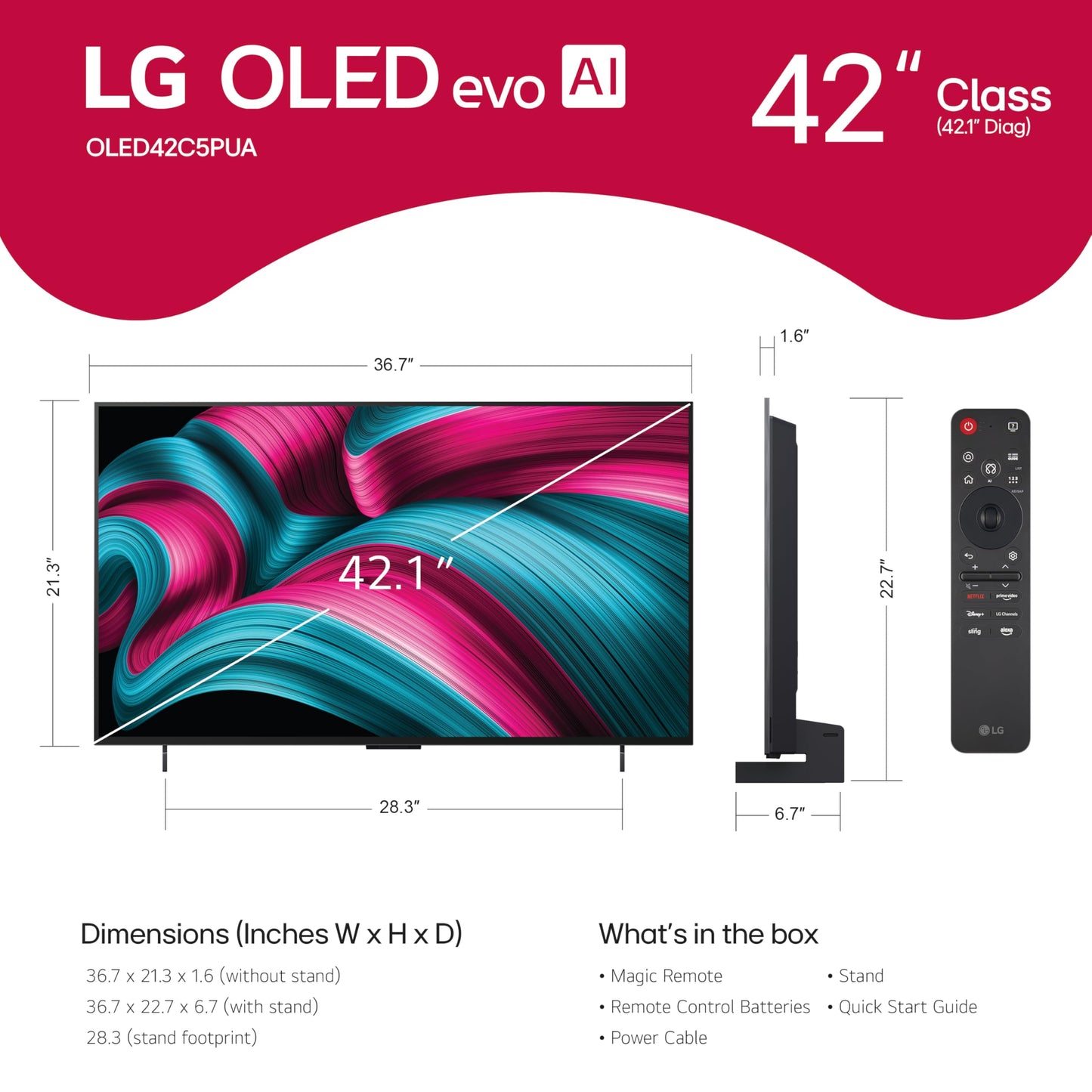 LG 42-Inch Class OLED evo AI Super Upscaling 4K C5 Series Smart TV w/Dolby Atmos & Vision, HDR10, Filmmaker Mode, Wow Orchestra, Alexa Built-in (OLED42C5PUA, 2025)