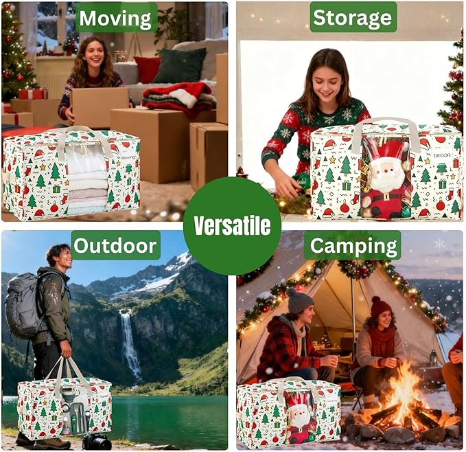 VENO 6 Pack Moving Bags, Large Christmas Storage Bins with lids, Packing Supplies for College, Alternative to Moving Boxes, Foldable, Heavy-Duty Tote, Christmas Pattern (Jingle Mix, 6 Pack)
