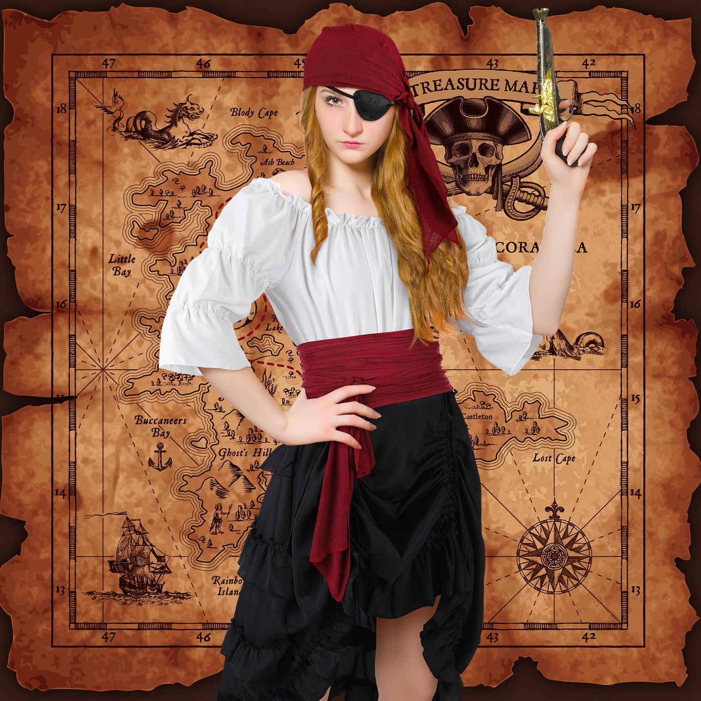 Suhine 5 Pcs Women Halloween Pirate Costume Medieval Renaissance Viking Accessories Victorian Top Skirt Head Scarf Eye Mask(Large)