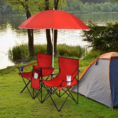 ReunionG Double Folding Camping Chairs, Portable Beach Chairs with Removable Umbrella & Mini Table Carrying Bag, Outdoor Lawn Chairs for Picnic, Patio, Pool, Park (Red)