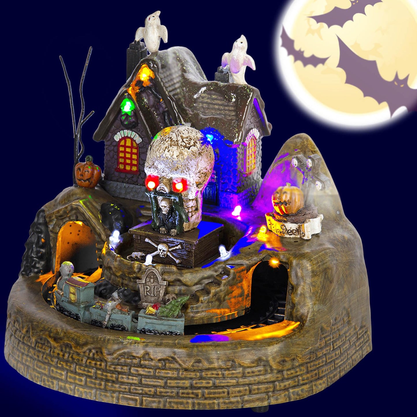 innodept12 Animated Halloween Train Village Set with Ghosts, Skeletons, Spooky House, LED Lights, 7.67 Inches, Multicolor