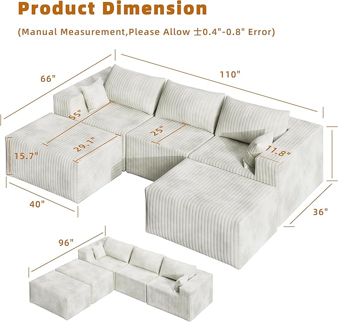 CABZOON 110" Cloud Couch Sectional for Living Room U-Shape Boneless Couches Modular Sectional Sofa with Deep Seat with Chaise,No Assembly Required, Carbon White(Plush Corduroy Fabric)