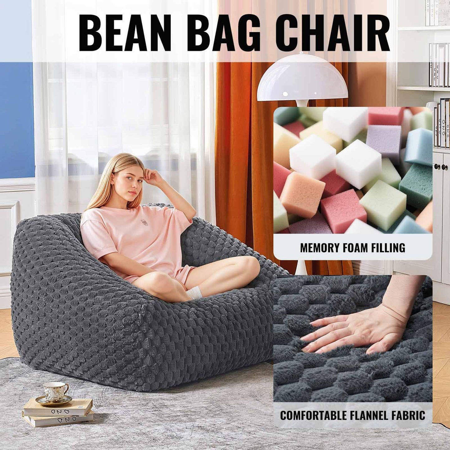 Comfy Bean Bag Chair for Adults with Filling,Giant Beanbag Chairs Memory Foam Bean Bag Chairs with Armrests,Beanbag Chair Lazy Floor Sofa for Bedroom Livingroom