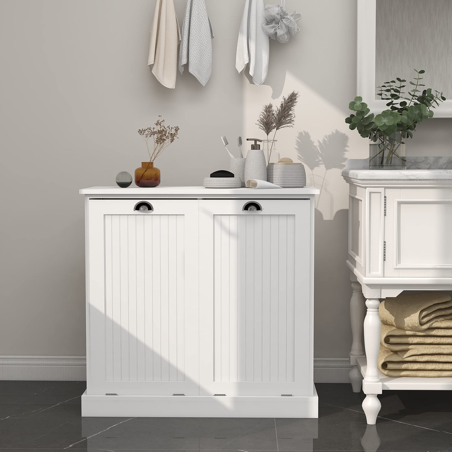 Two Compartment Tilt Out Laundry Sorter Cabinet White