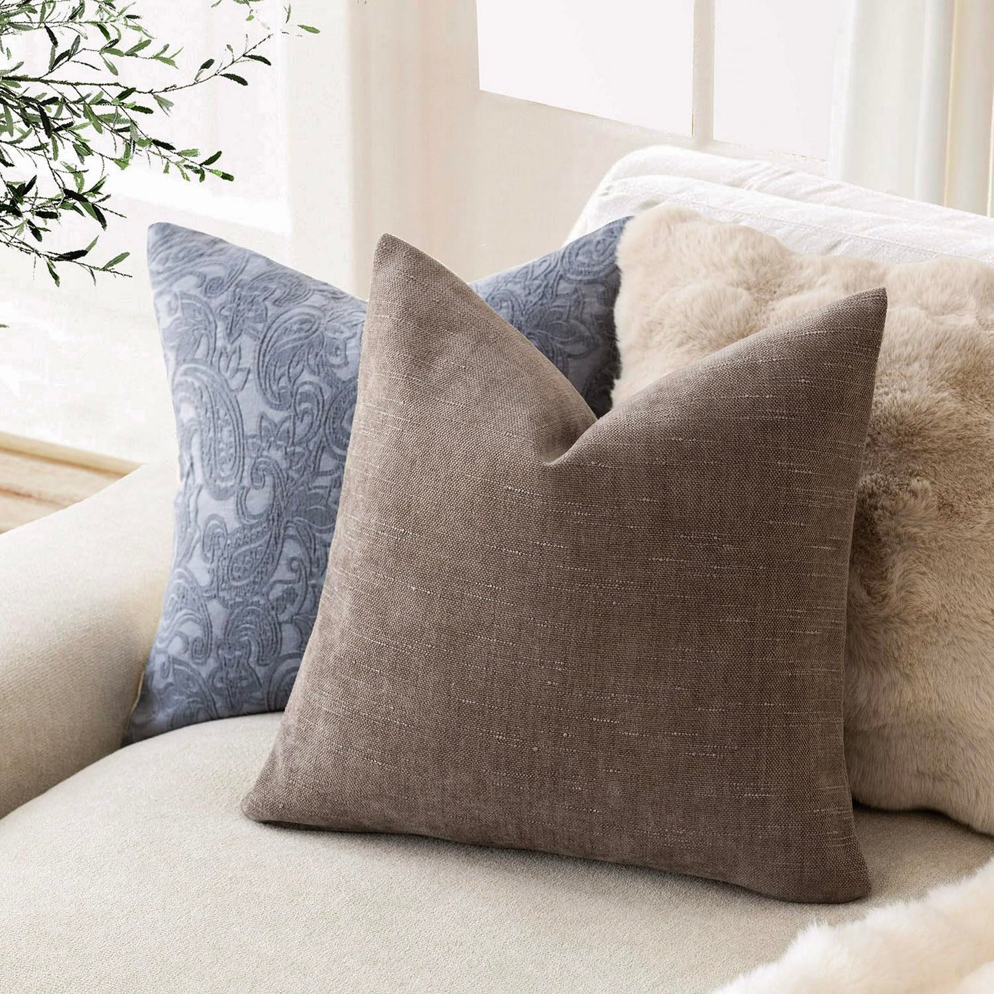 Foindtower Pack of 2 Soft Textured Throw Decorative Pillow Covers Square Accent Solid Cushion Cover Cozy Farmhouse Pillow Case with Zipper for Couch Sofa Bedroom Living Room 18x18 Inch, Taupe