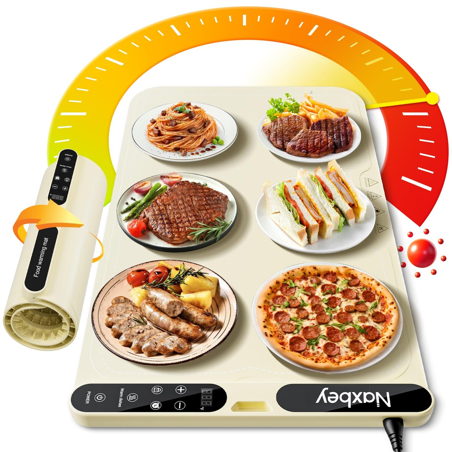 NAXBEY Warming Mat for Food, Food Warmers for Parties Buffet, Foldable Food Warming Mats for Countertops and Daily Use with Timer and 7 Temperature Levels, with one-touch heating button, 15"x23.6"