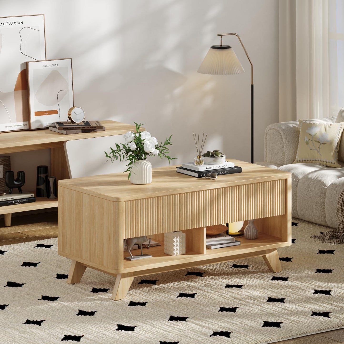 ONBRILL Farmhouse Lift Top Coffee Table, Mid Century Modern Coffee Table with Hidden Storage Compartment, Fluted Rising Pull up Wood Modern Center for Living Room, Office, Natural Oak