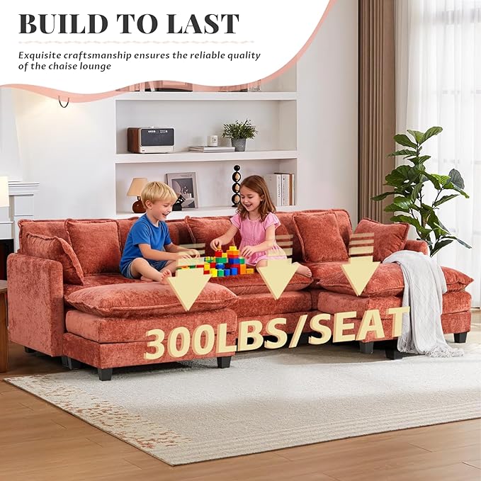 SoarFlash 113.78" Chenille Sectional Sofa, Comfy U Shaped Modular Coush Sofa with Ottoman, Modern 4 Seat Couch Deep Seat Sofa Set for Living Room,Orange