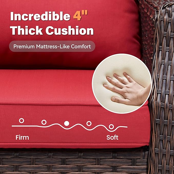 Belord 4" Thick Cushion Outdoor Swivel Rocker Patio Chairs Set of 2, Wicker 3 Piece Patio Furniture Set with Side Table and Comfort High Back Outdoor Patio Glider Chair - Brown Wicker/Red Cushion
