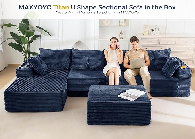 MAXYOYO 132" Giant U-Shaped Modular Sectional Couch, Modern Boneless Couch for Living Room, Sofa in A Box, Oversized Sofa Sleeper with Deep Seat, No Assembly Required, Navy