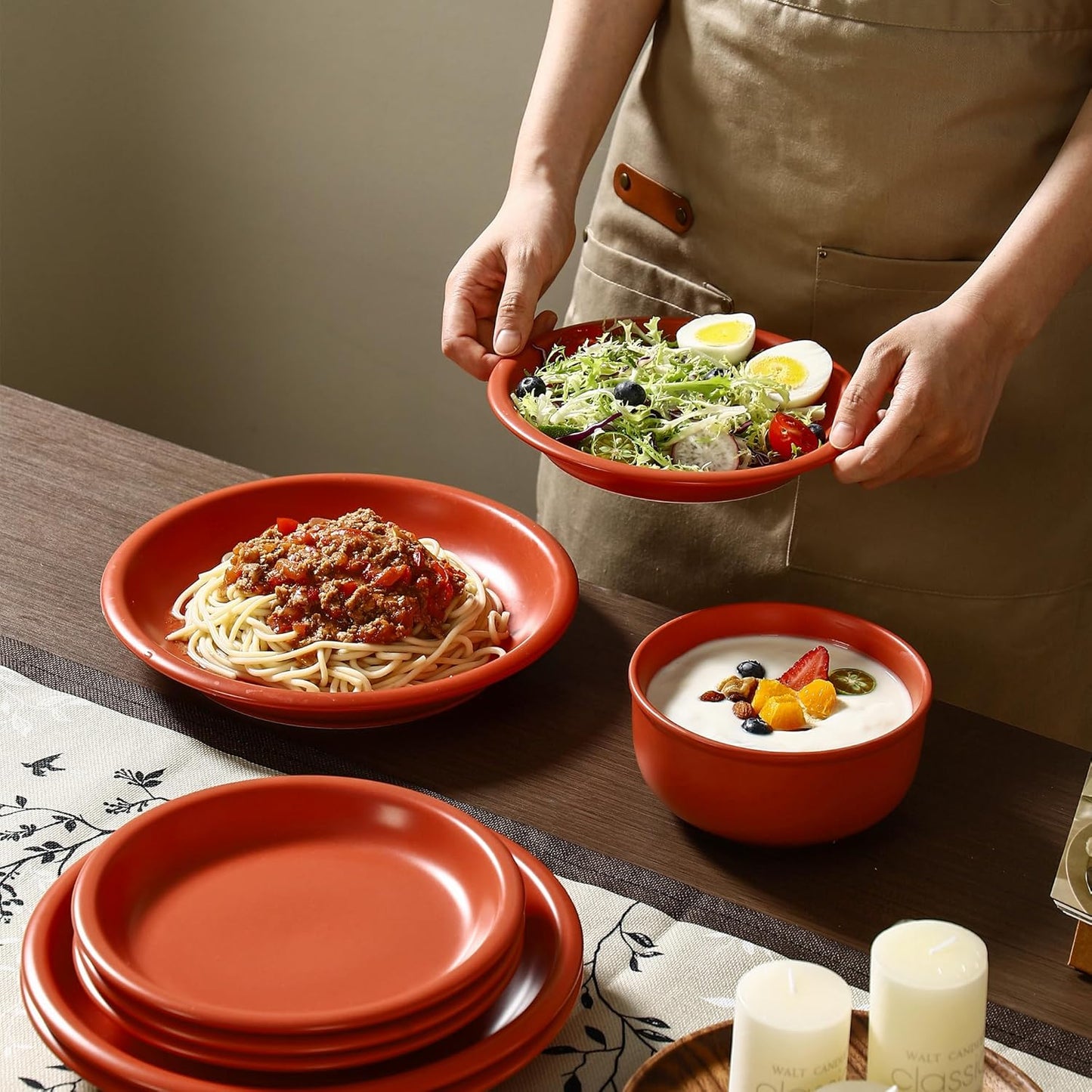GZG Vintage Series - Ceramic Dinnerware Set for 8, 24 Pieces Stoneware Plates and Bowls Set, Lead-Free, Handcrafted Dishes Set, Microwave & Dishwasher Safe - Terracotta Red