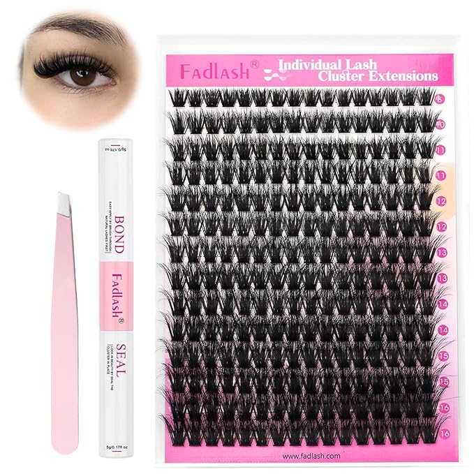FADLASH Lash Extension Kit 100D Lash Clusters D Curl Lash Cluster Kit DIY Eyelash Extension Kit with Lash Bond and Seal Lash Applicator Tool 3D Effect fluffy Cluster Lashes(100D Kit, Mix 8-16mm)