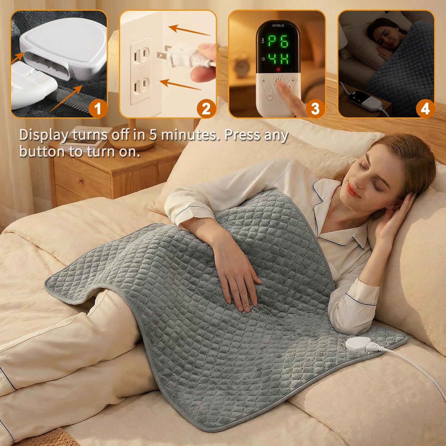 King Size Heating Pad for Back Pain 32"x24" Extra Large Electric Heating Pad for Period Cramps Relief & Body Neck Shoulder Auto Shut Off Heat Pad Temperature Settings Machine Washable Gray