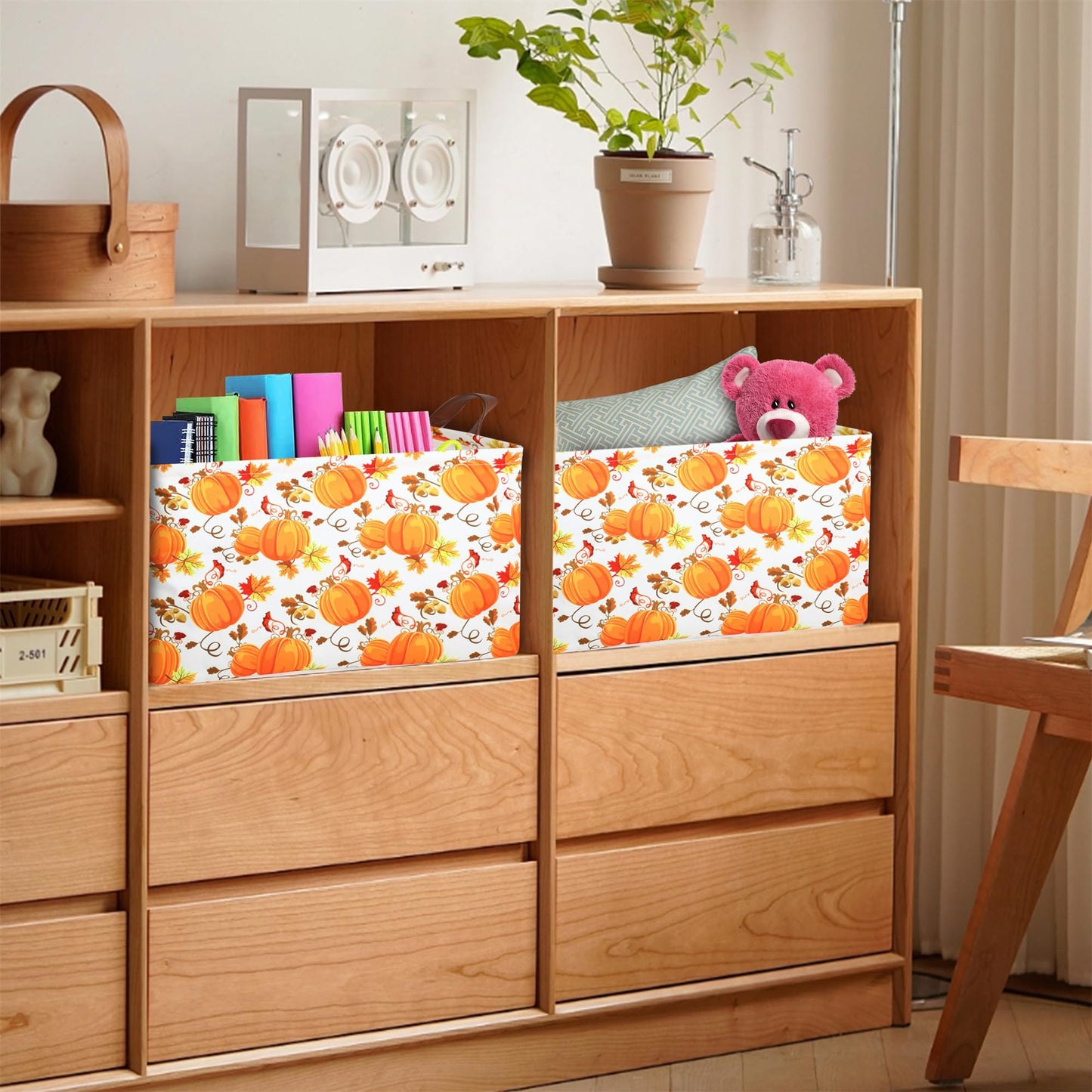 Funnewban Pumpkin Fall Storage Bin Basket Collapsible with Leather Handles Waterproof Canvas Storage Cube Box for Closet Toys Clothes Thanksgiving Room Decor Gift Basket
